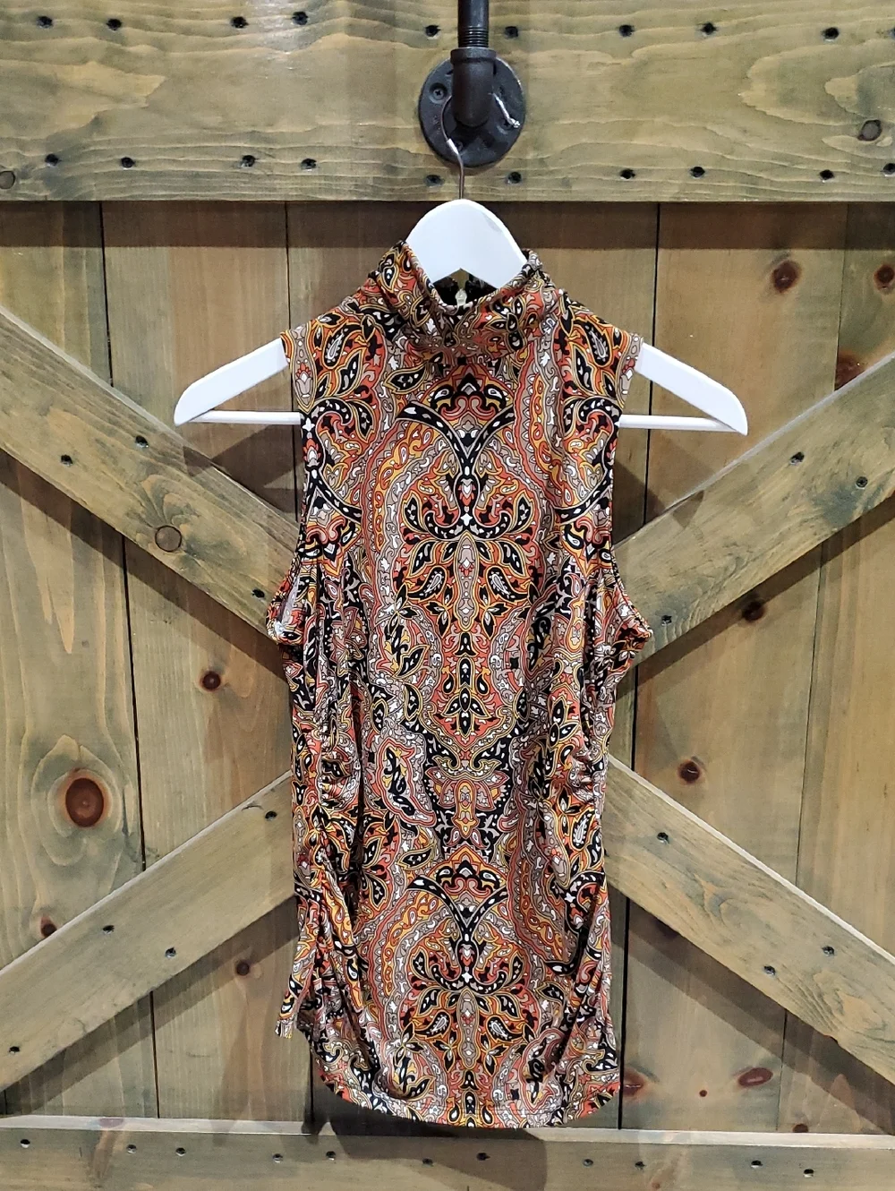 Michael Kors Sleeveless Paisley Mock Neck Top in Orange, Black and Cream